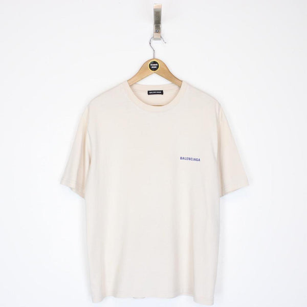 Balenciaga Cream and Blue Back Logo Print Short Sleeve T-Shirt