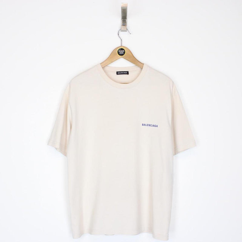 Balenciaga Cream and Blue Back Logo Print Short Sleeve T-Shirt