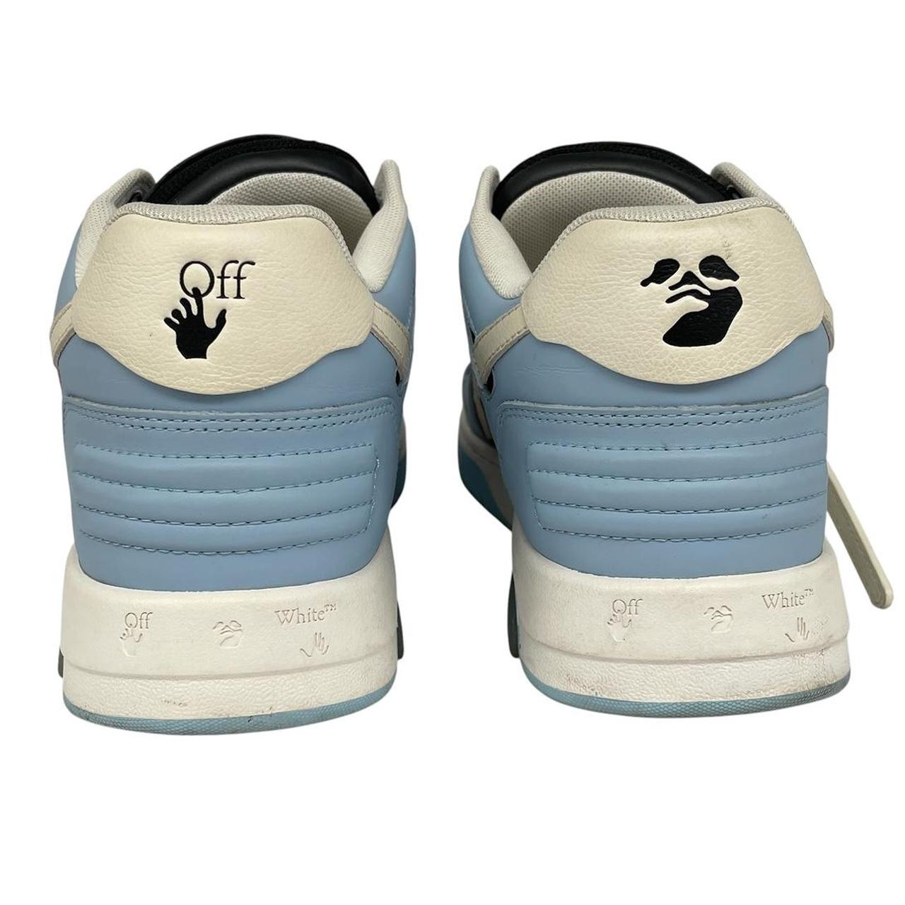 Off-White low top trainers in light blue and black with leather material and logo detail.