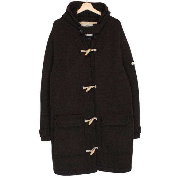 Stone Island brown knit duffle coat with logo patch and wool blend material.