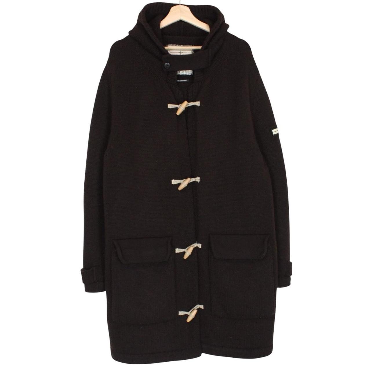 Stone Island brown knit duffle coat with logo patch and wool blend material.