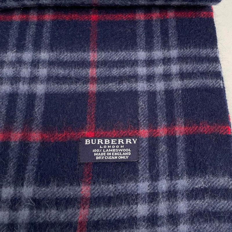 Vintage 90s Burberry Navy Blue Nova Check Lambswool Scarf