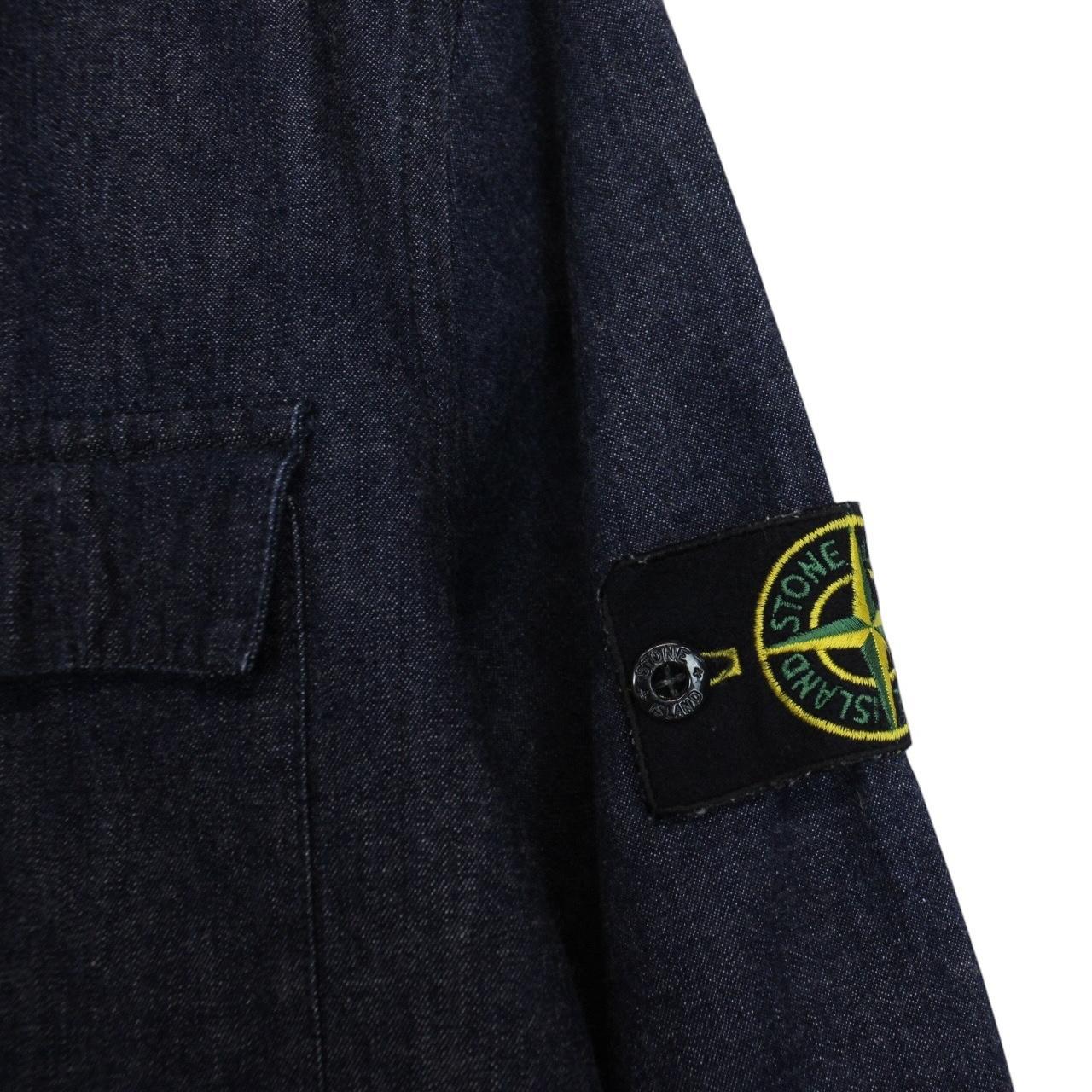 Stone Island navy blue denim overshirt with logo patch and button-up front.