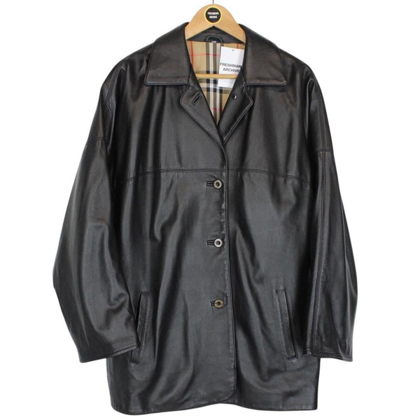 Vintage 90s Burberry Black Nova Check Lined Leather Coat