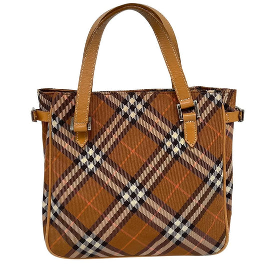 Burberry brown duffel bag featuring classic Nova Check pattern and canvas material.