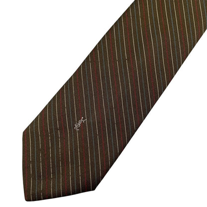 Yves Saint Laurent khaki brown striped tie with elegant pattern and vintage design.