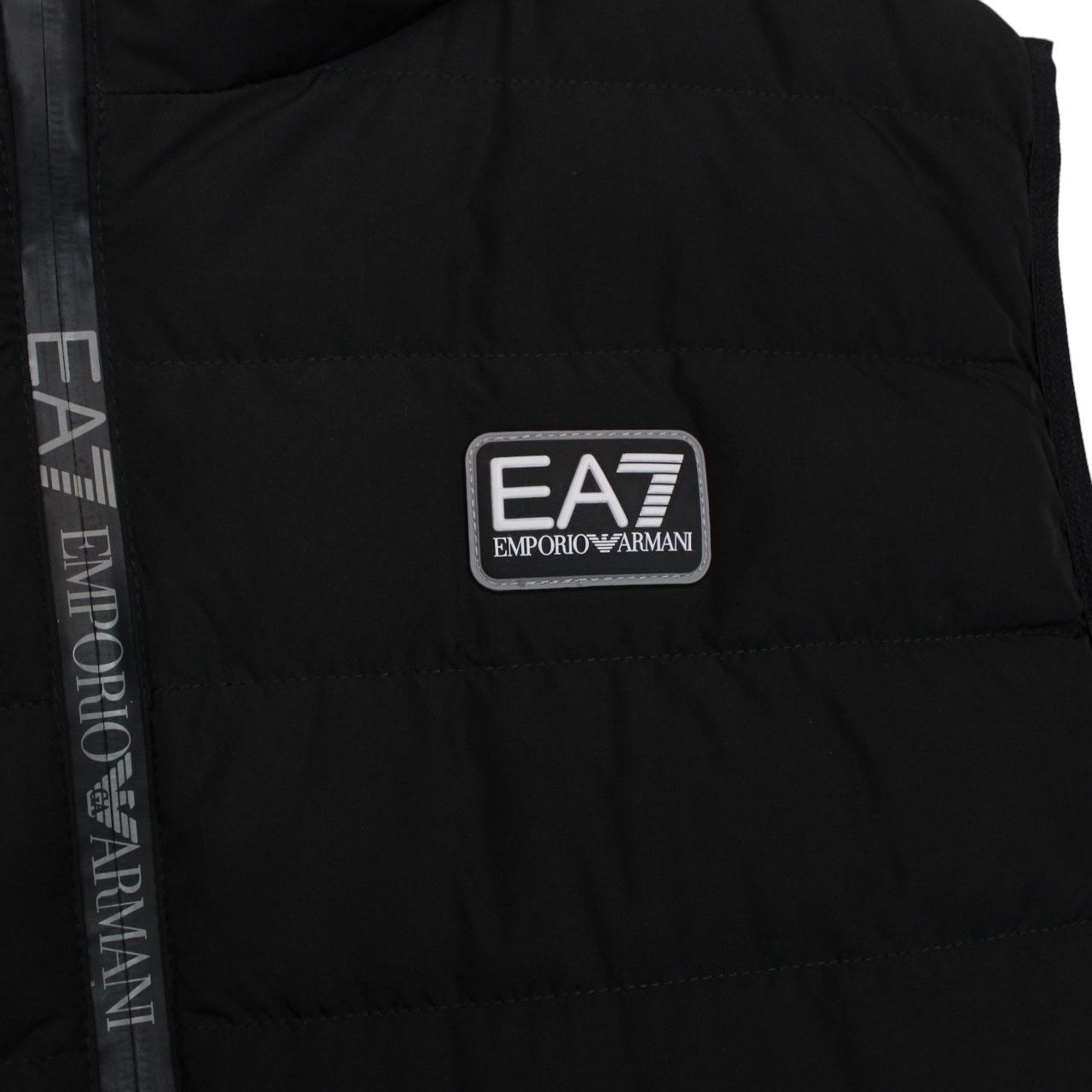 Emporio Armani black quilted hooded gilet with logo detail and zip pockets.