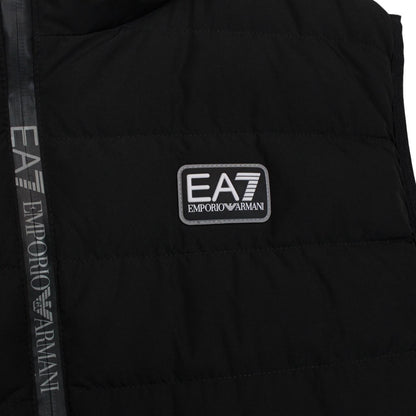 Emporio Armani black quilted hooded gilet with logo detail and zip pockets.