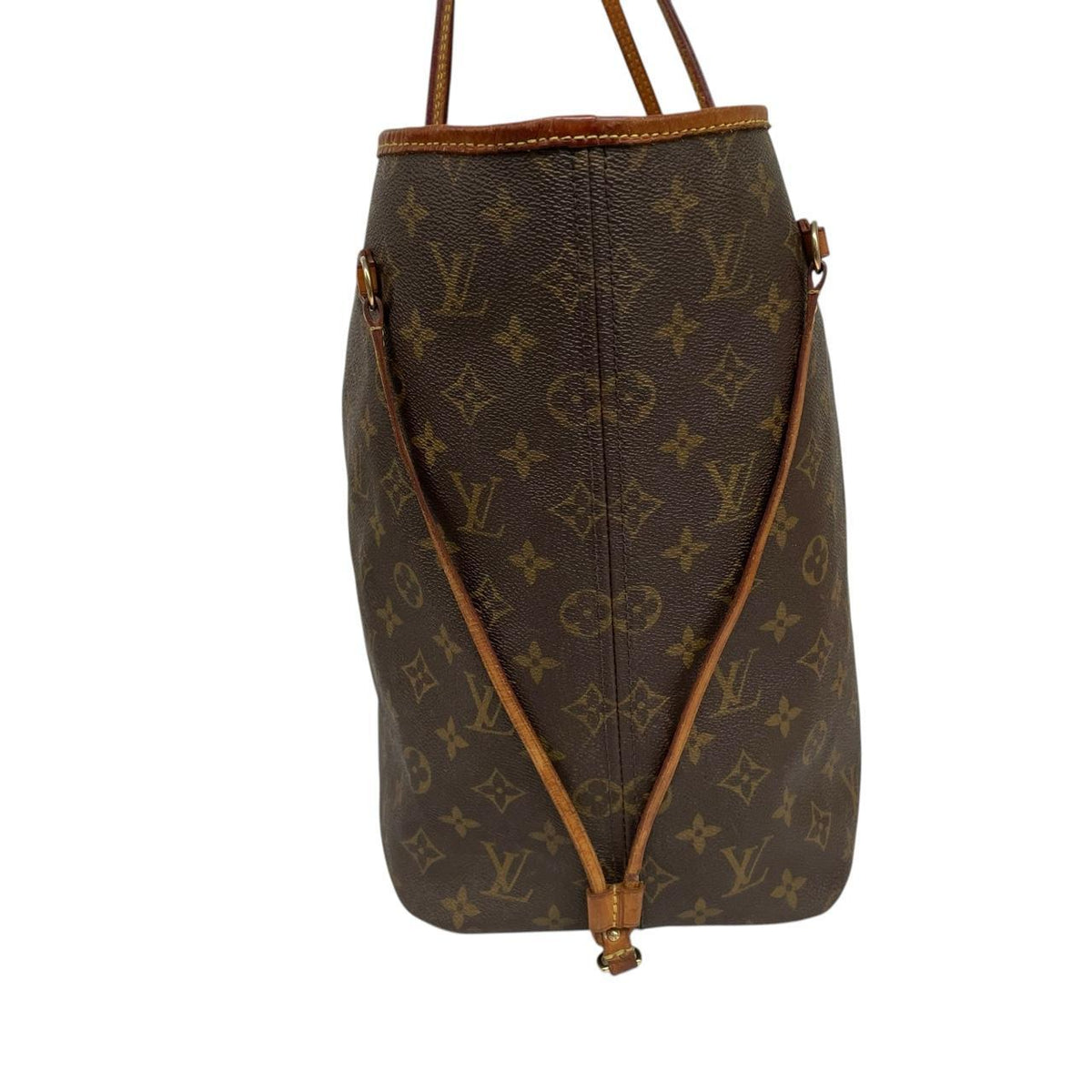 Louis Vuitton brown tote bag with monogram canvas and leather accents, pre-loved condition.