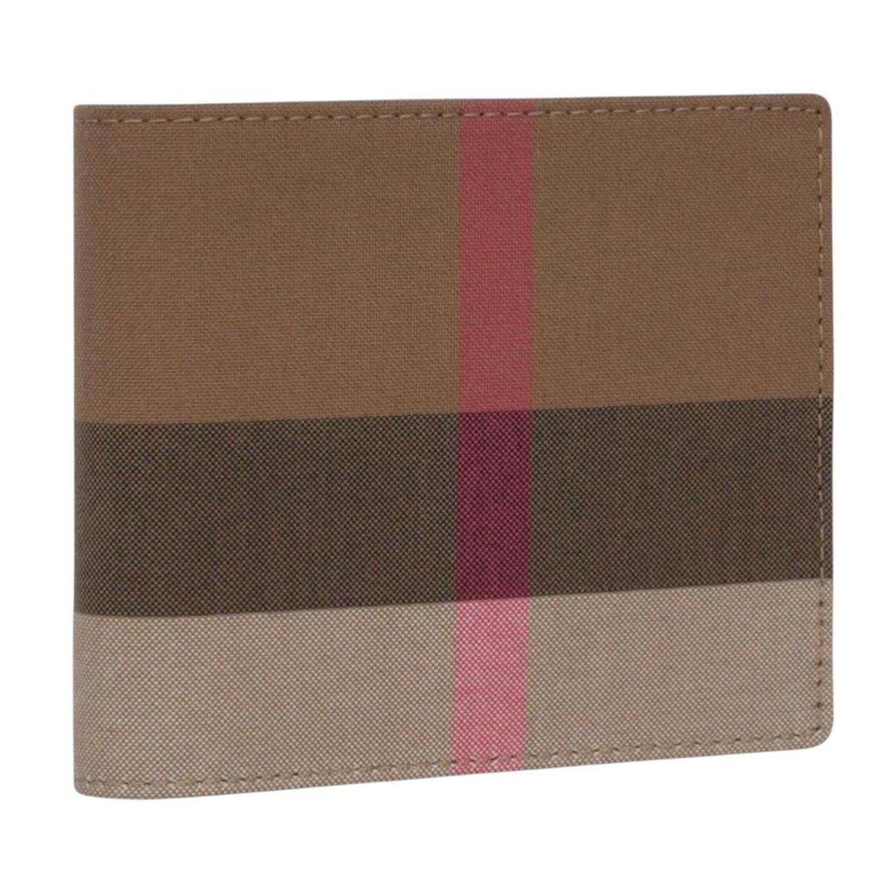 Burberry brown bifold wallet featuring iconic Nova Check pattern and coin pouch.
