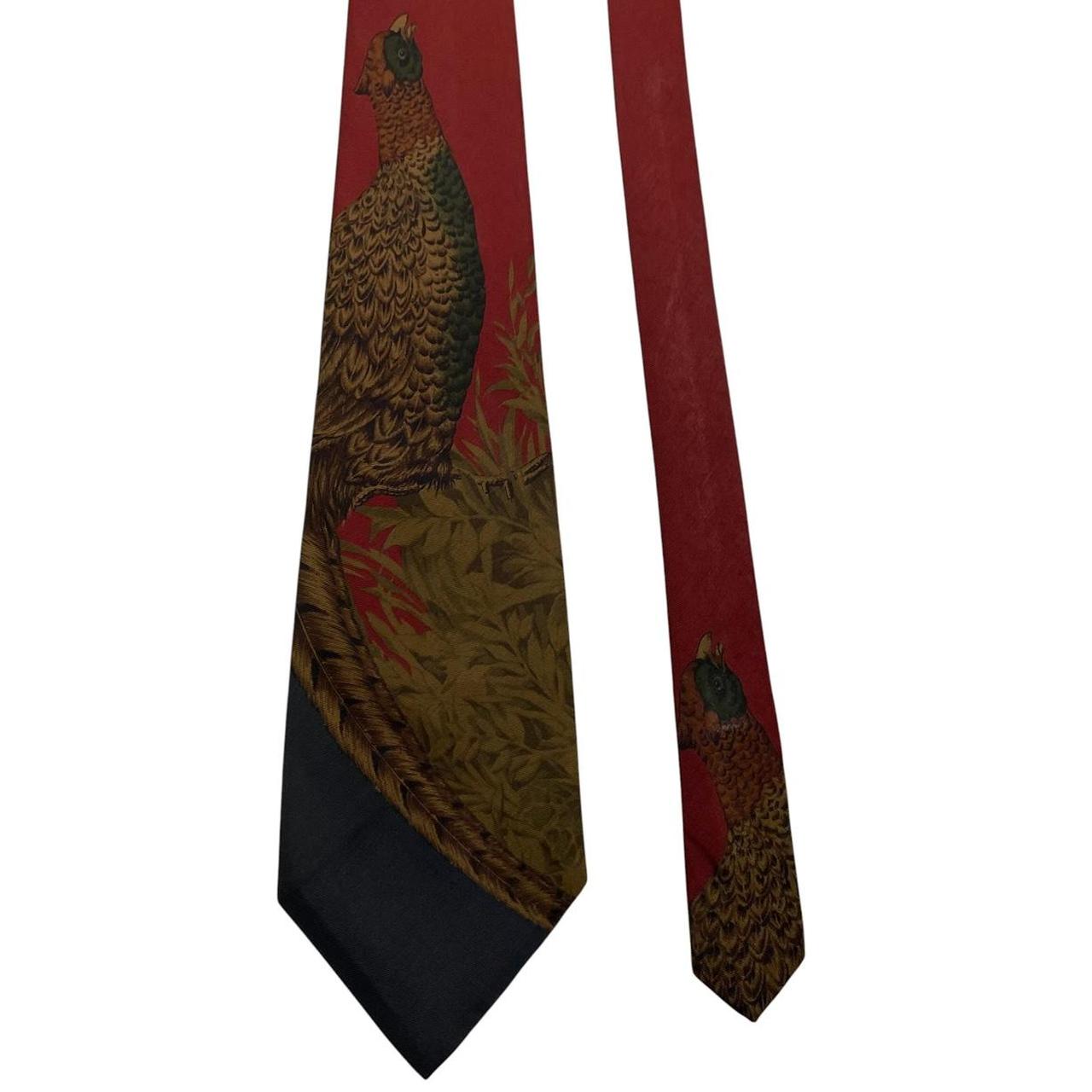 Polo Ralph Lauren burgundy silk tie with green pheasant print pattern.