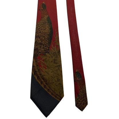 Polo Ralph Lauren burgundy silk tie with green pheasant print pattern.