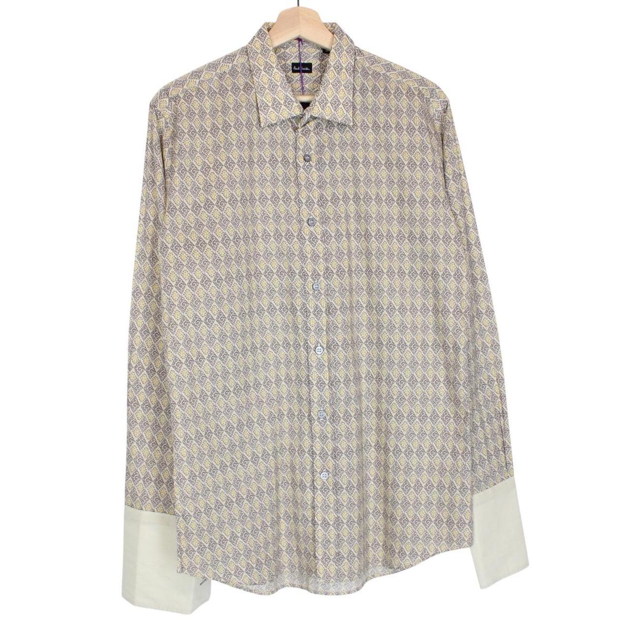 Paul Smith cream formal shirt with multicoloured abstract pattern and long sleeves.
