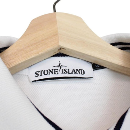 Stone Island white long sleeve polo shirt with embroidered compass logo and slim fit.
