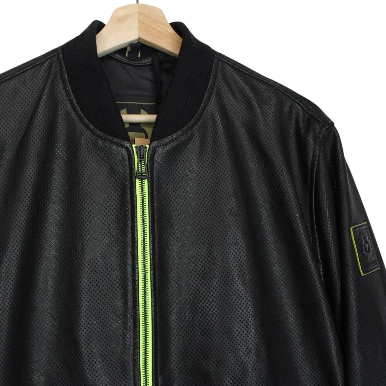 Belstaff black leather bomber jacket with full zip and logo details.