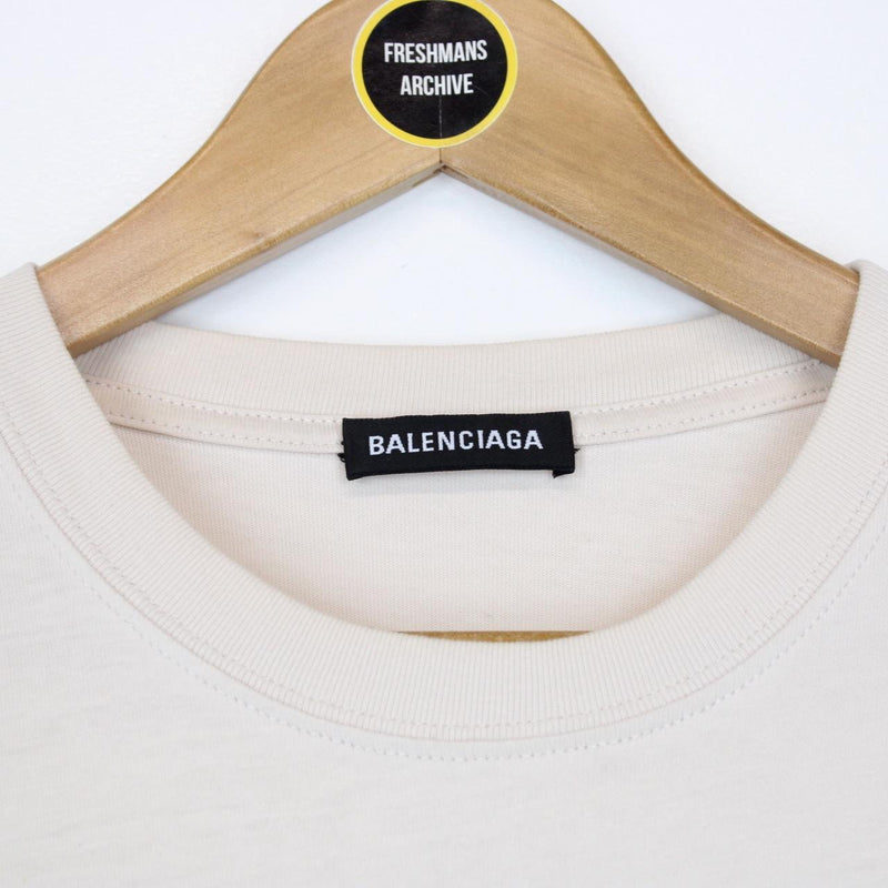 Balenciaga Cream and Blue Back Logo Print Short Sleeve T-Shirt