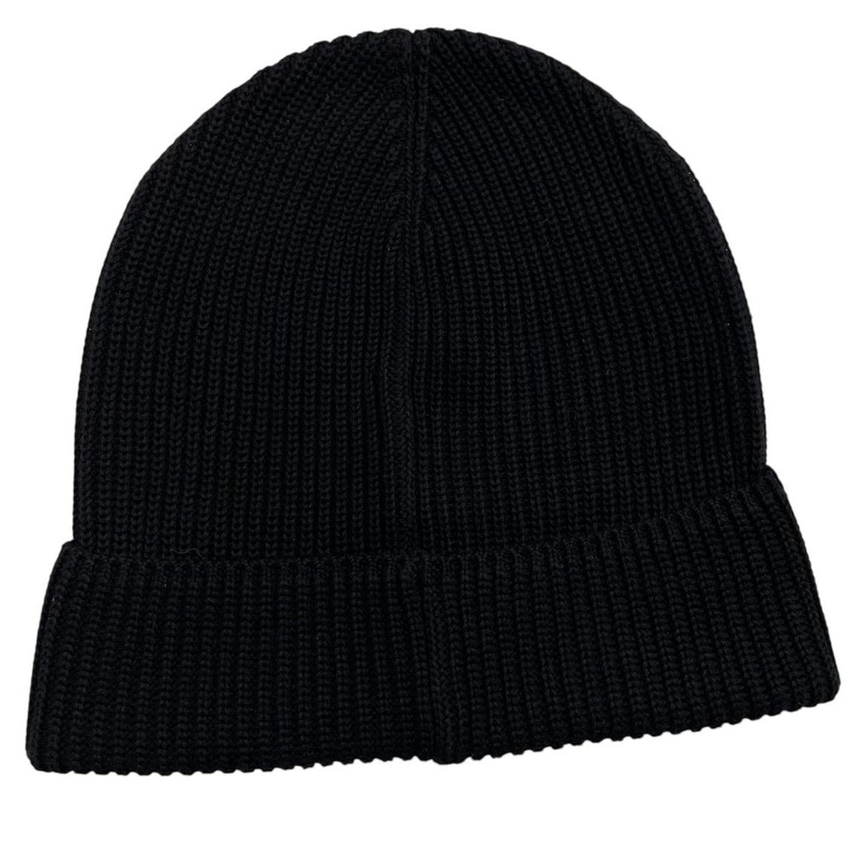 Moncler black ribbed knit beanie hat with embroidered logo detail.