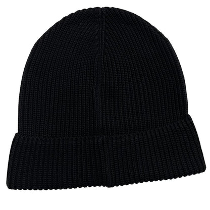 Moncler black ribbed knit beanie hat with embroidered logo detail.