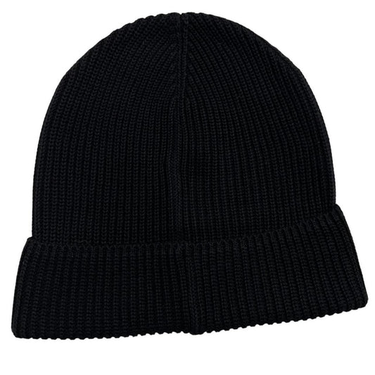 Moncler black ribbed knit beanie hat with embroidered logo detail.