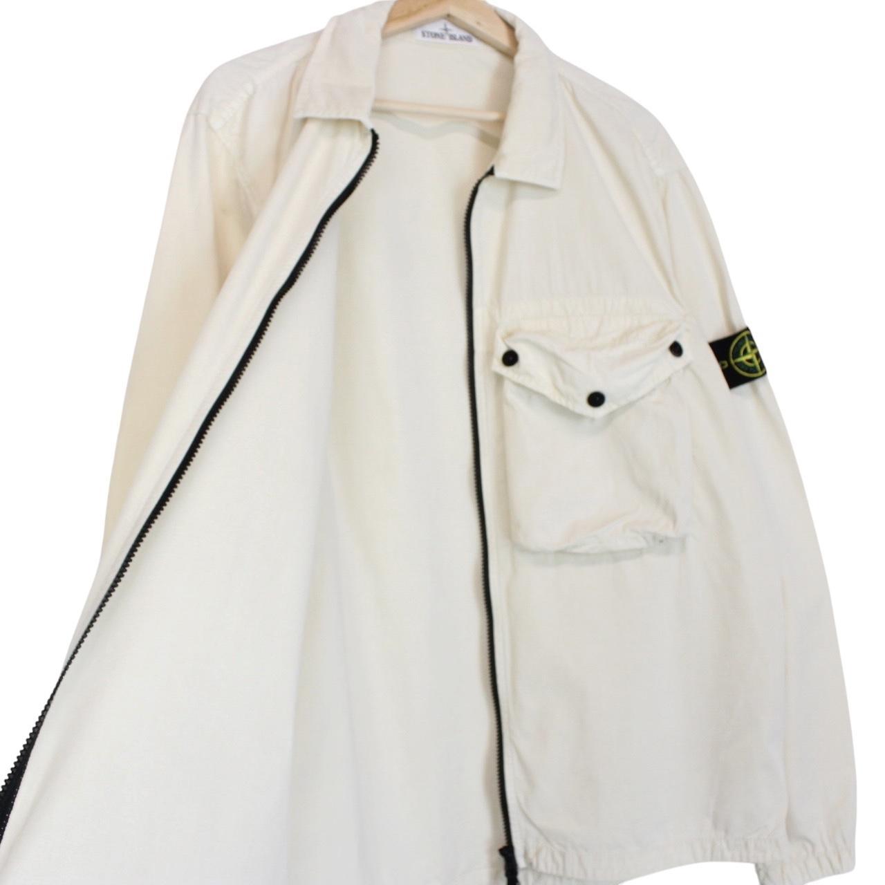 Stone Island cream full zip overshirt jacket with logo patch and cotton material.