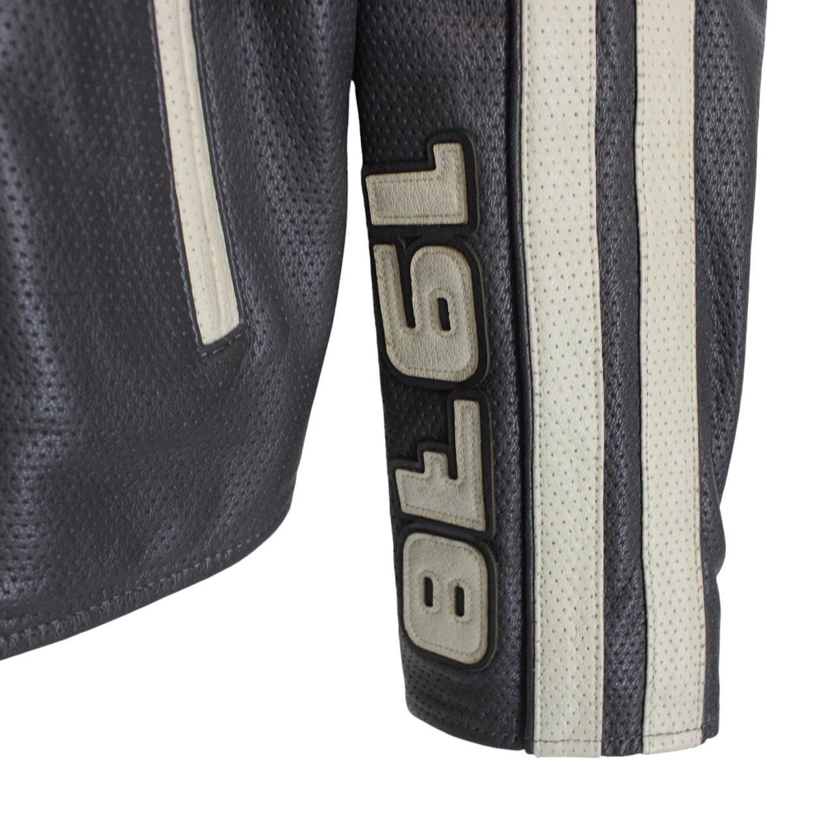 Diesel grey leather jacket with full zip and subtle logo detailing.