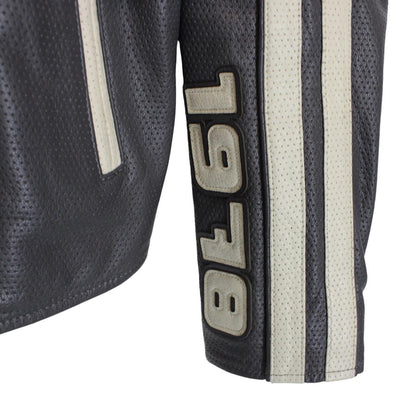 Diesel grey leather jacket with full zip and subtle logo detailing.