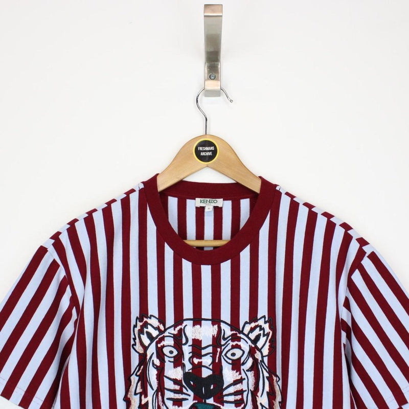 Kenzo Paris Burgundy and Blue Striped Tiger Short Sleeve T-Shirt