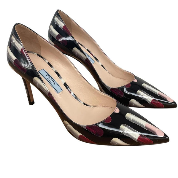 Prada Black and Multicoloured Lipstick Print Patent Leather High Heels