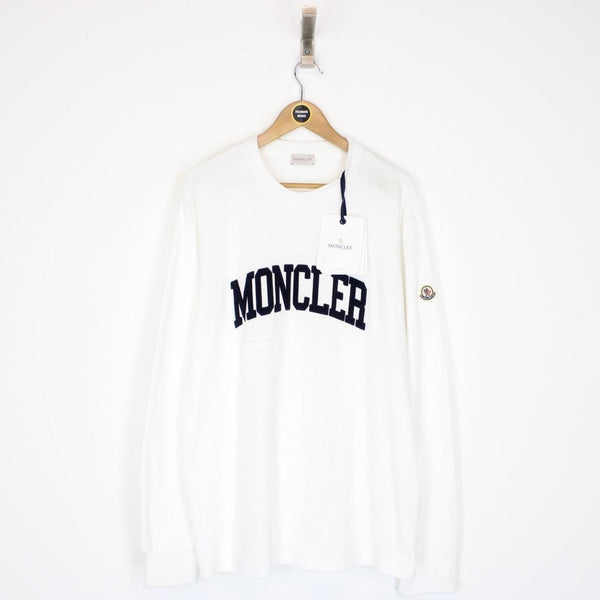 Moncler White and Navy Blue Logo Embroidered Cotton Sweatshirt
