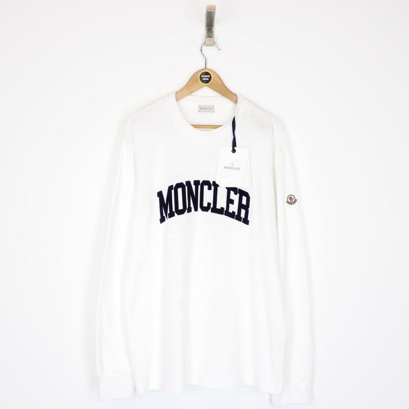 Moncler White and Navy Blue Logo Embroidered Cotton Sweatshirt