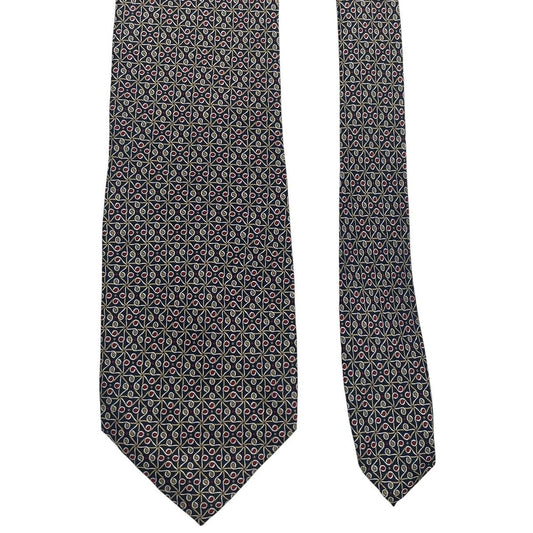 Gucci navy blue silk tie with vintage pattern and logo detail.