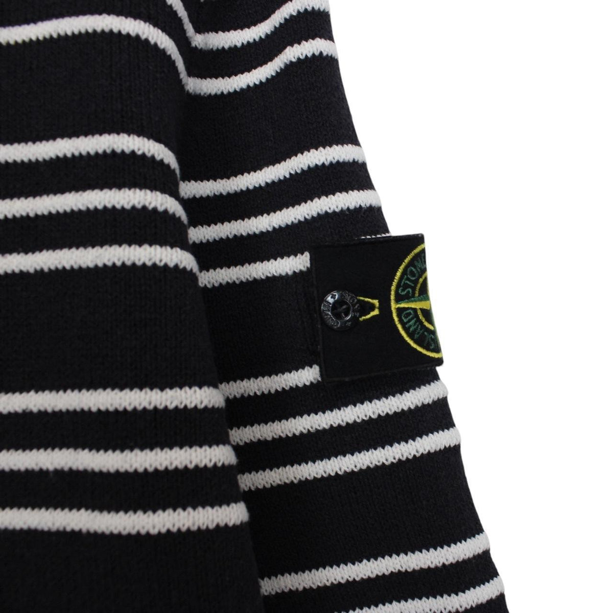 Stone Island navy blue and white striped cotton knit jumper with logo patch.
