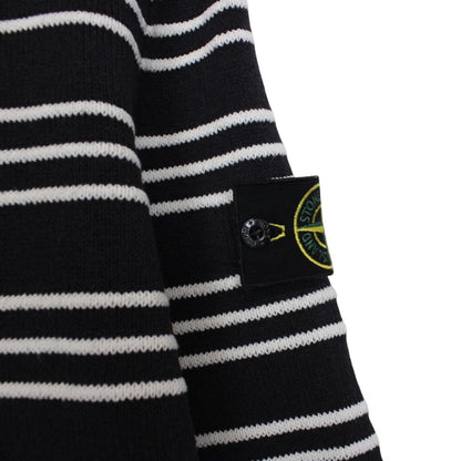 Stone Island navy blue and white striped cotton knit jumper with logo patch.
