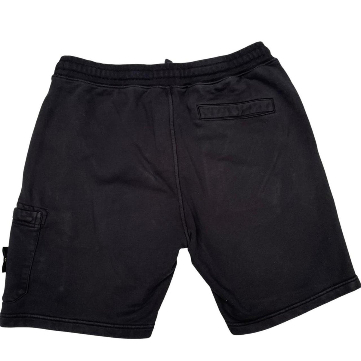 Stone Island black jogger shorts with logo patch and cotton material.