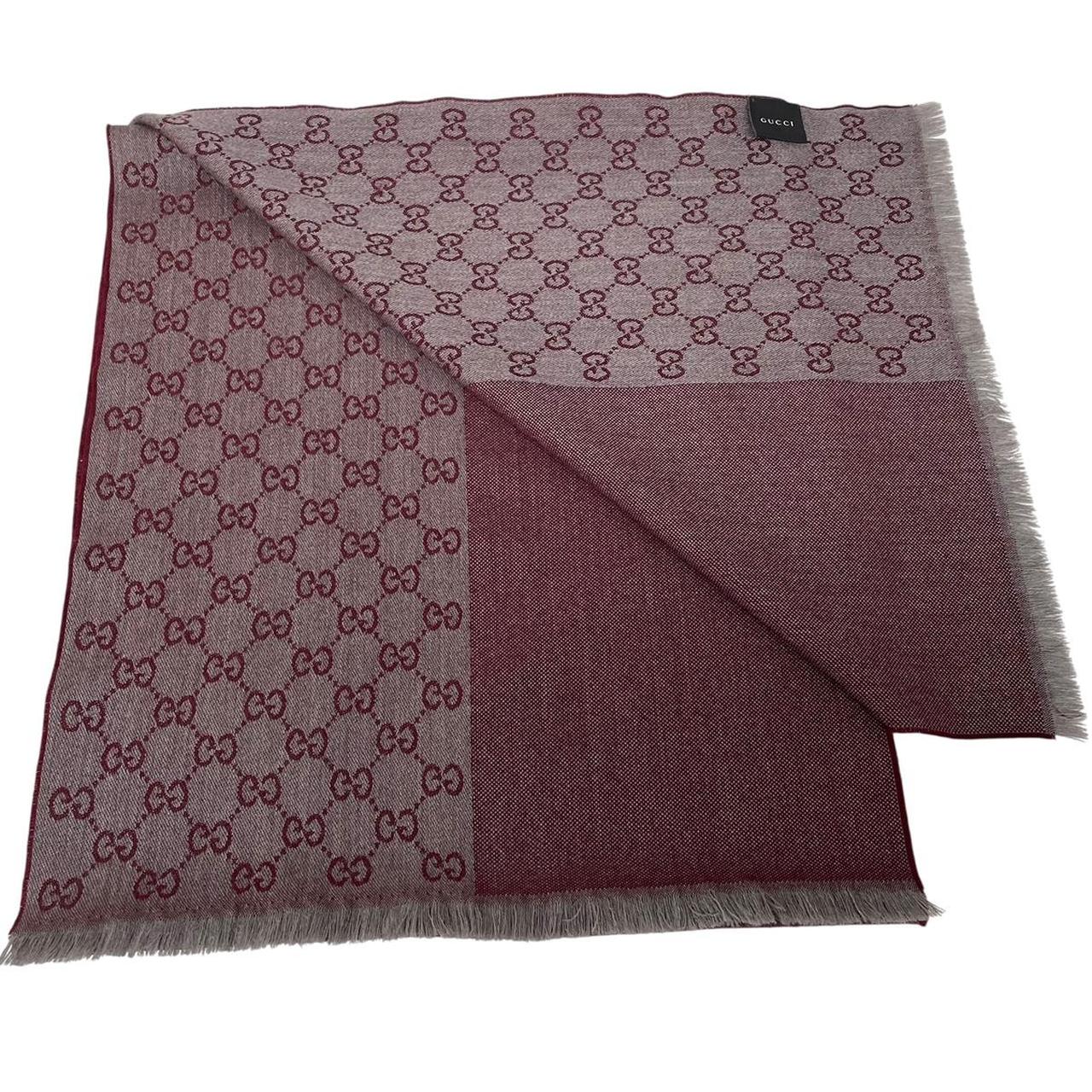 Gucci Burgundy and Grey Half GG Monogram Frayed Wool Scarf