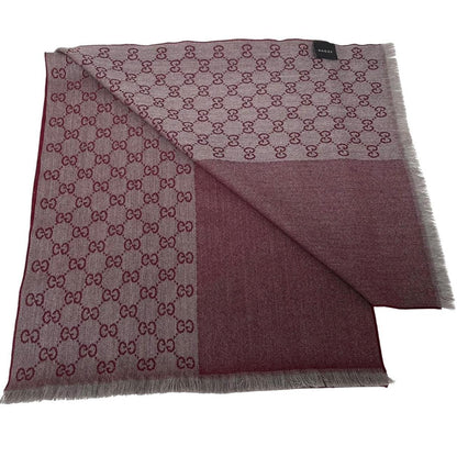 Gucci Burgundy and Grey Half GG Monogram Frayed Wool Scarf