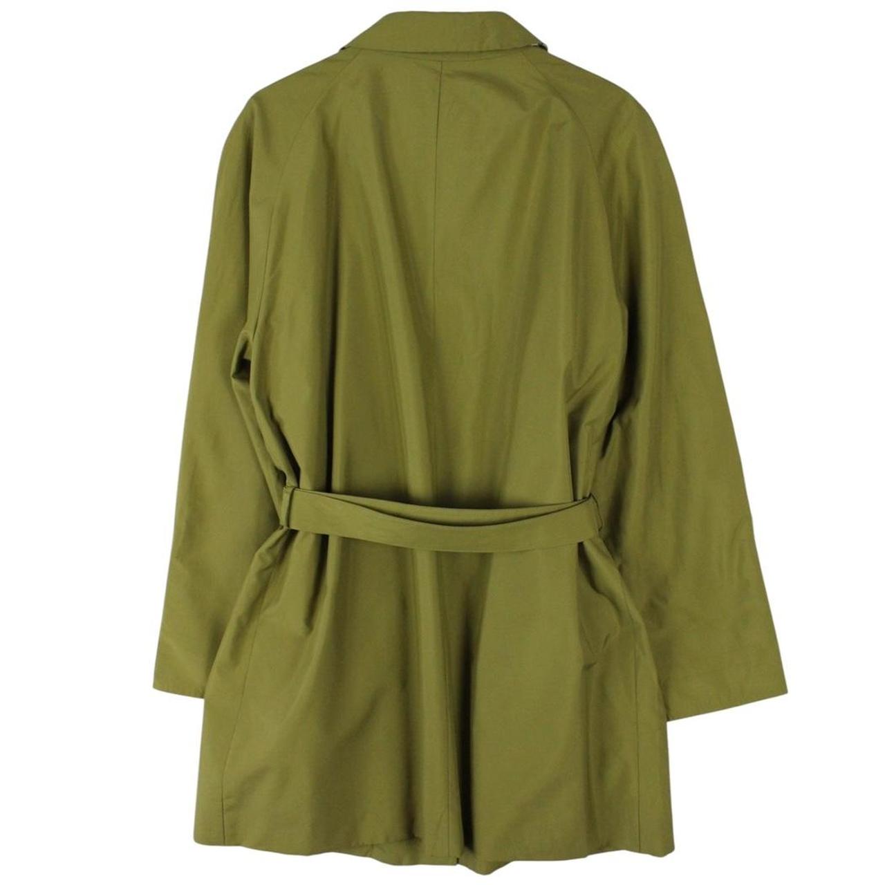 Burberry green trench coat with Nova Check pattern and belted waist detail.