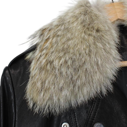 Belstaff black leather biker jacket with detachable coyote fur collar and logo detailing.