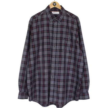Vintage 90s Burberry Navy Blue Nova Check Long Sleeve Cotton Shirt