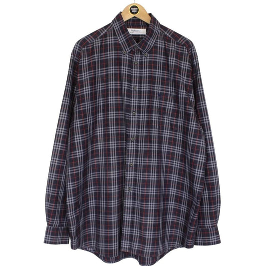 Vintage 90s Burberry Navy Blue Nova Check Long Sleeve Cotton Shirt