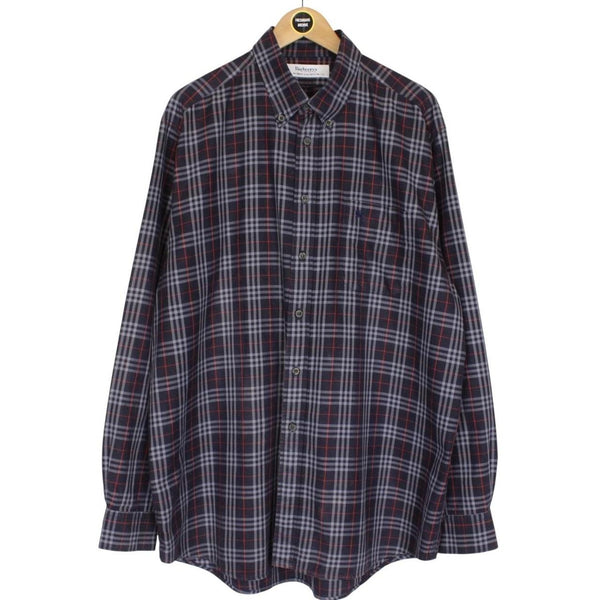 Vintage 90s Burberry Navy Blue Nova Check Long Sleeve Cotton Shirt