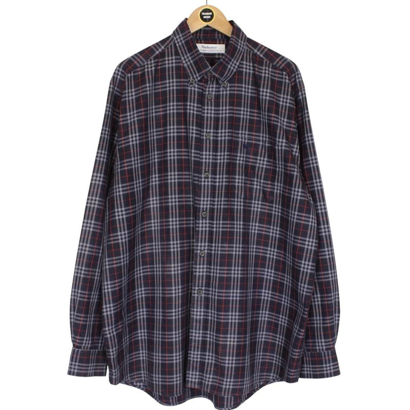 Vintage 90s Burberry Navy Blue Nova Check Long Sleeve Cotton Shirt