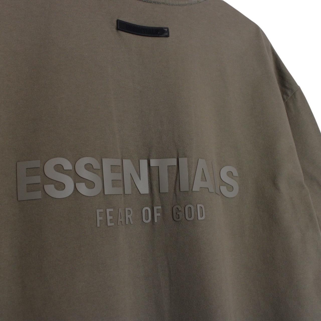 Essentials khaki brown short sleeve t-shirt with logo print and pocket detail.