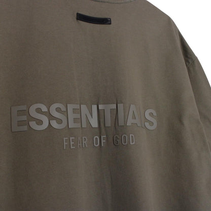 Essentials khaki brown short sleeve t-shirt with logo print and pocket detail.