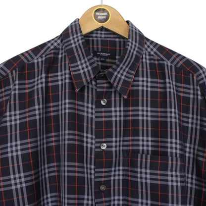 Vintage Burberry London Navy Blue Nova Check Short Sleeve Cotton Shirt