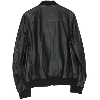 Belstaff black leather bomber jacket with full zip and logo details.