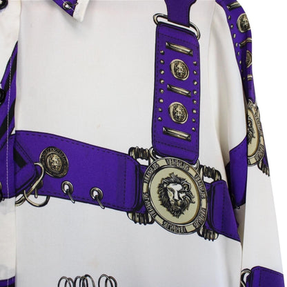 Versus Versace Cream and Purple Long Sleeve Belt Print Silk Shirt
