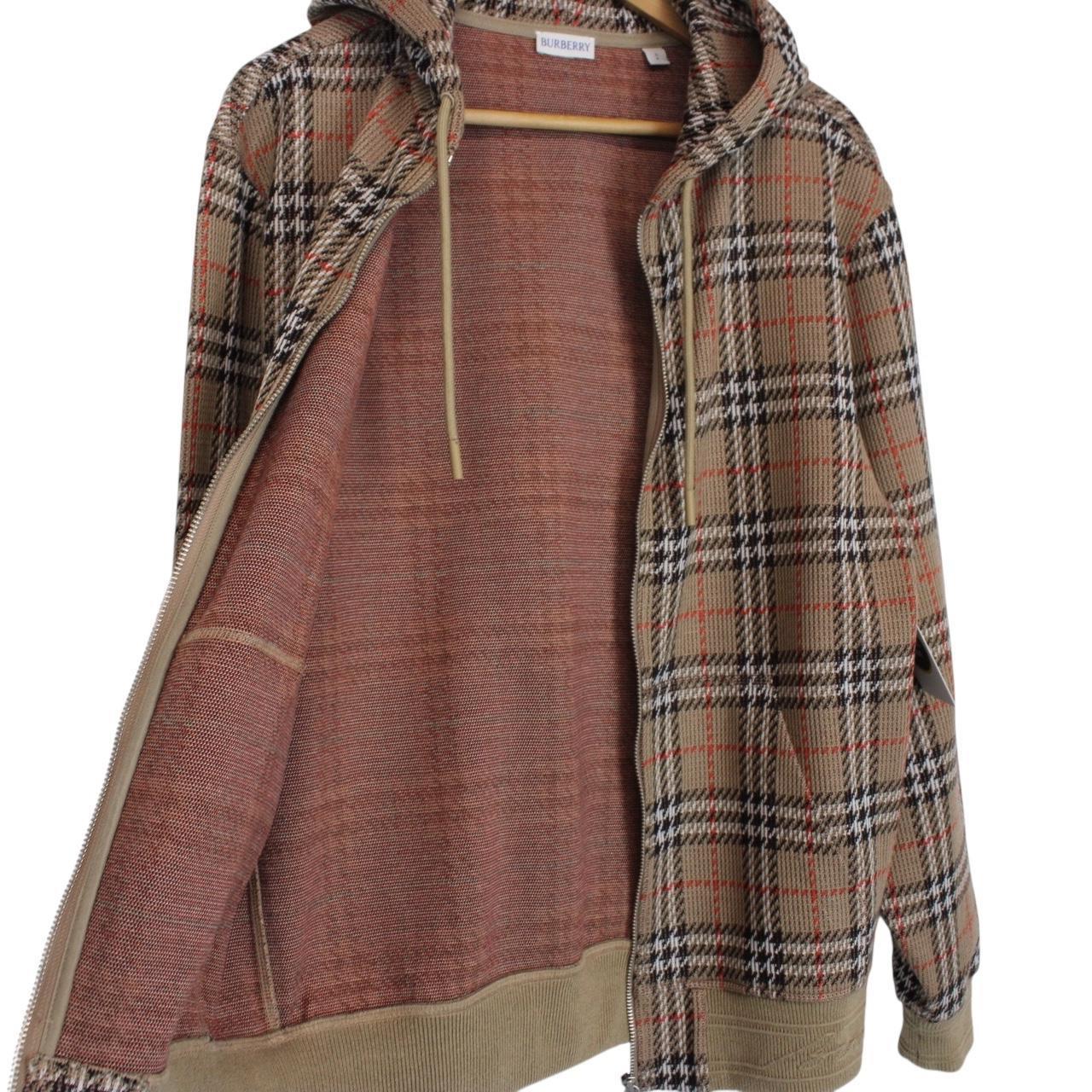 Burberry brown hoodie with Nova Check pattern and full zip, cotton blend material.