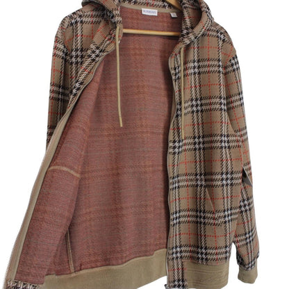 Burberry brown hoodie with Nova Check pattern and full zip, cotton blend material.