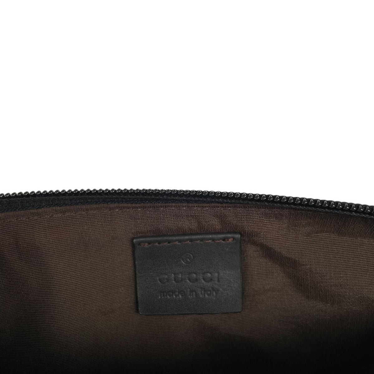 Gucci black and brown GG monogram canvas mini boat pochette bag with metal logo.
